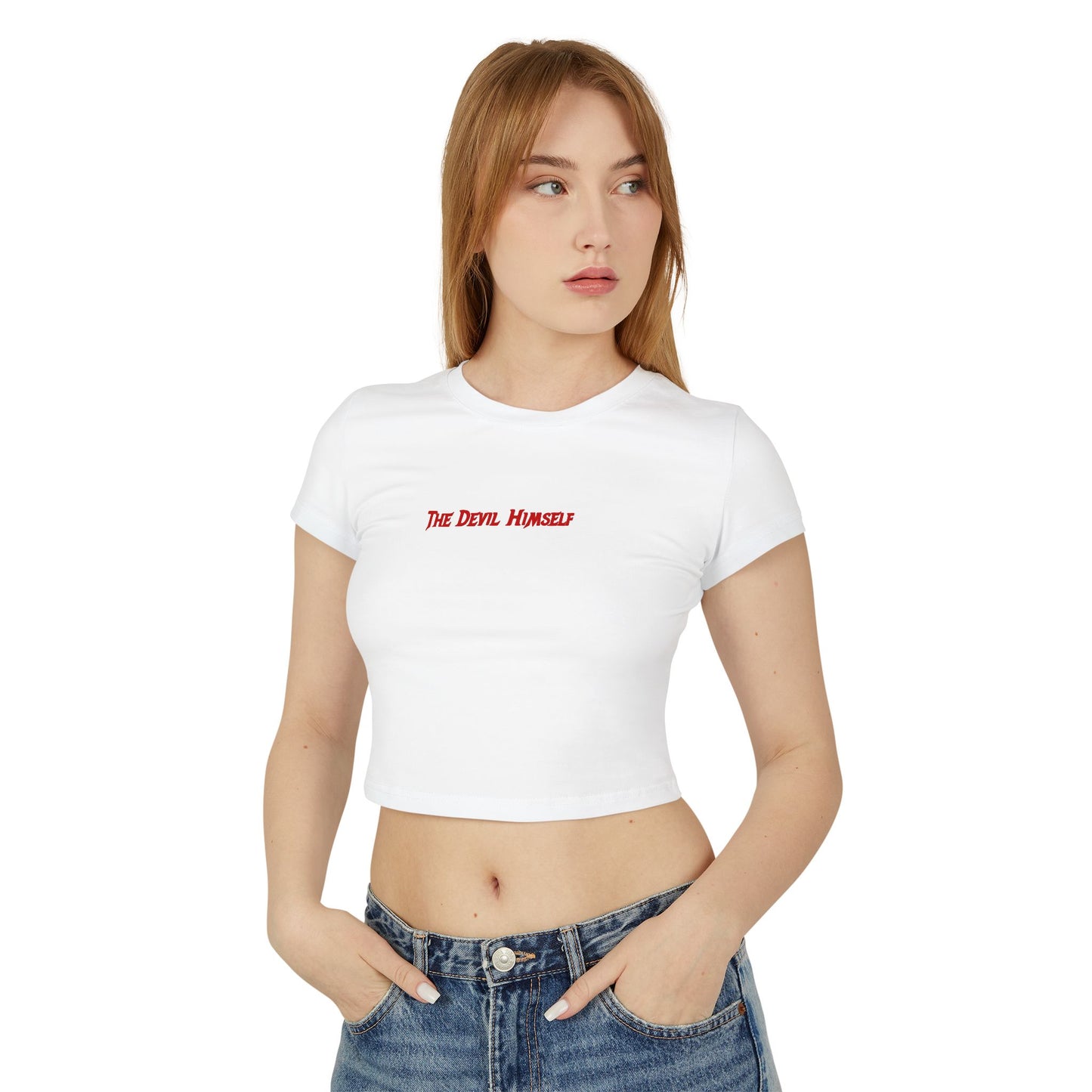 divine feminine edit cropped baby tee white; The Devil Himself graphic