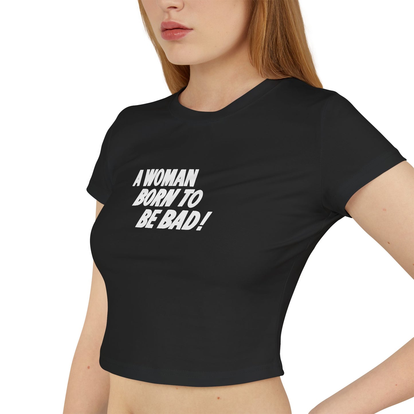 divine feminine edit cropped baby tee; A Woman Born to be Bad graphic