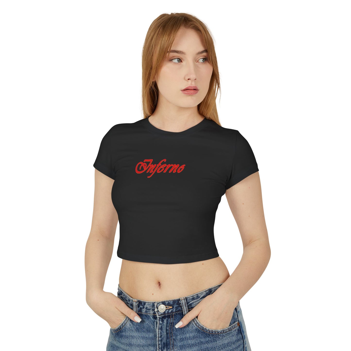 divine feminine edit cropped baby tee black; Inferno graphic tee