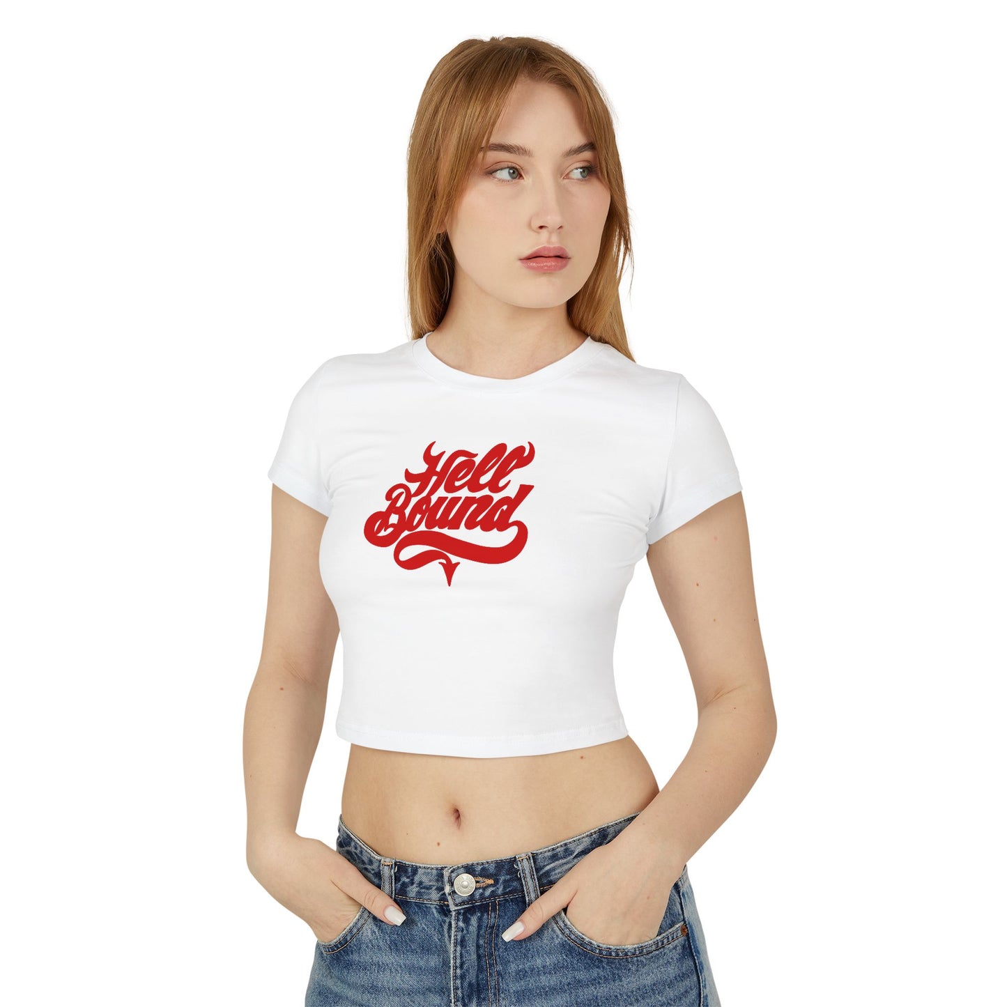 divine feminine edit cropped baby tee white; Hell Bound graphic tee