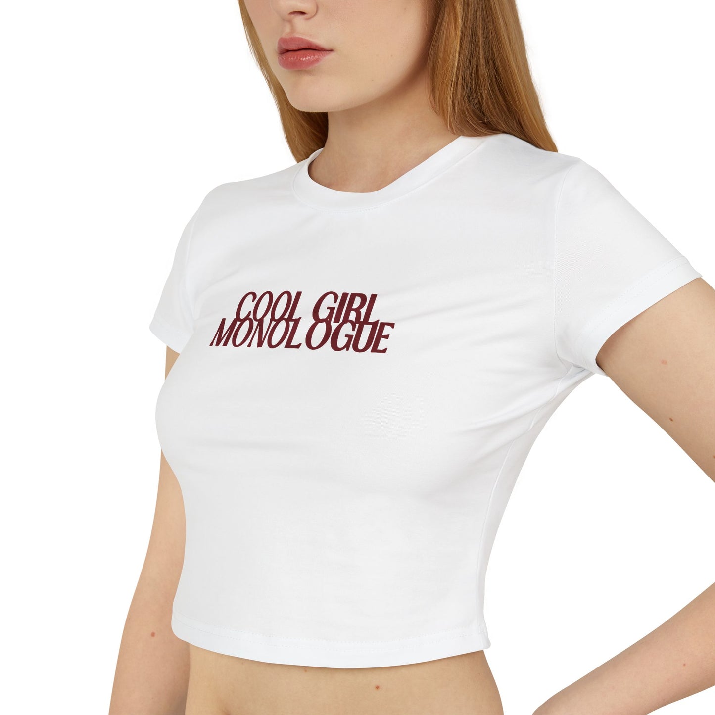 divine feminine edit cropped baby tee white; Cool Girl Monologue graphic