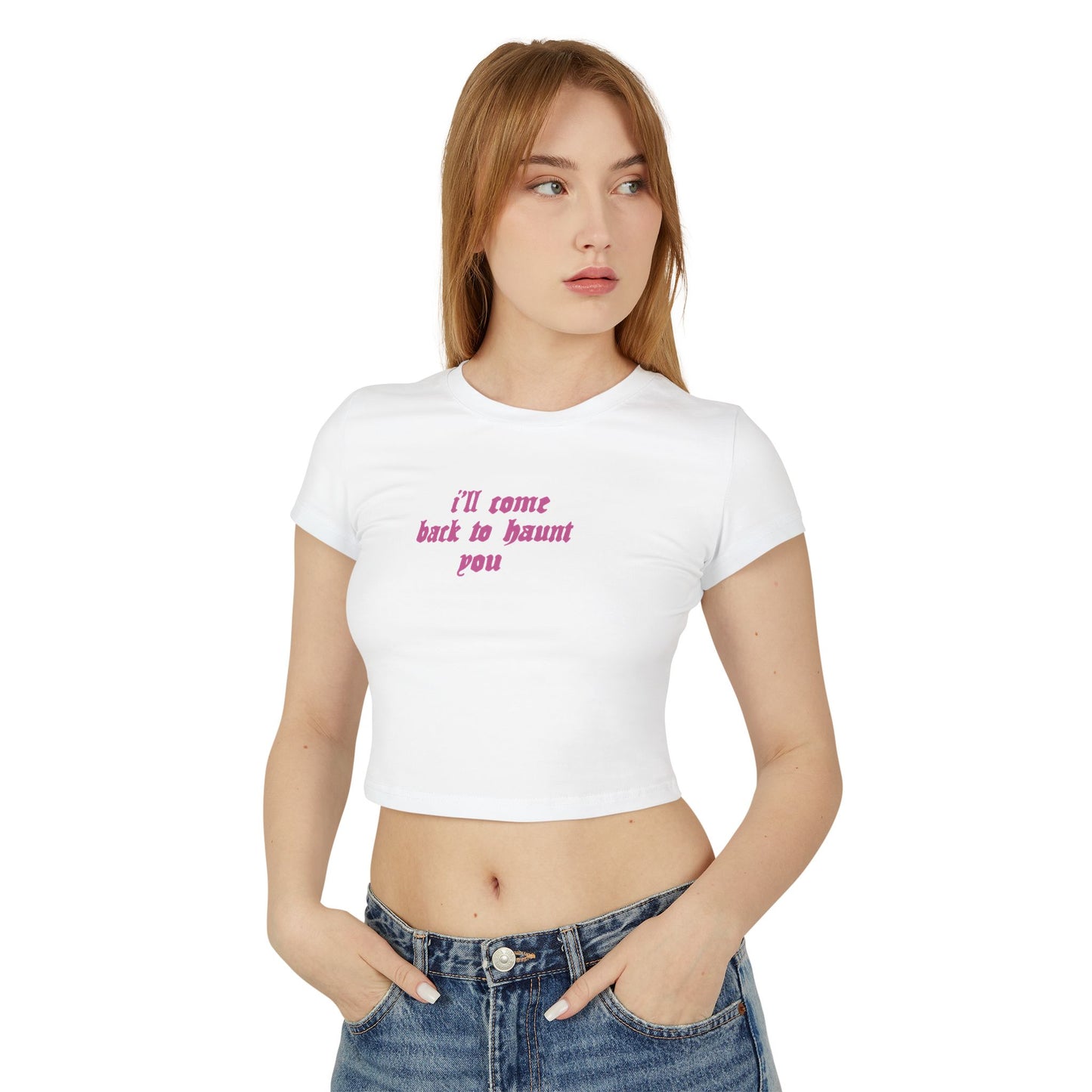 divine feminine edit cropped baby tee; I’ll Come Back to Haunt You graphic