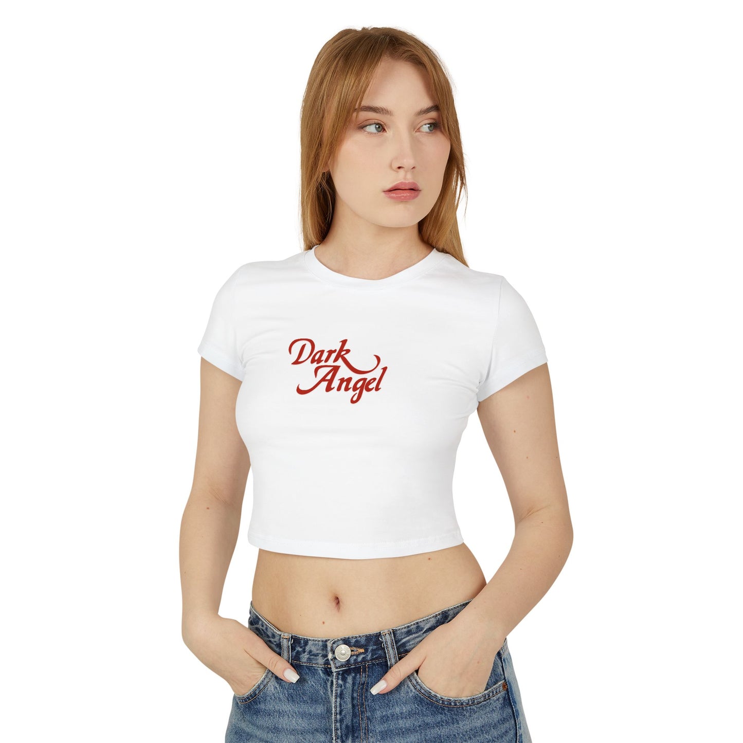 divine feminine edit cropped baby tee white; Dark Angel graphic