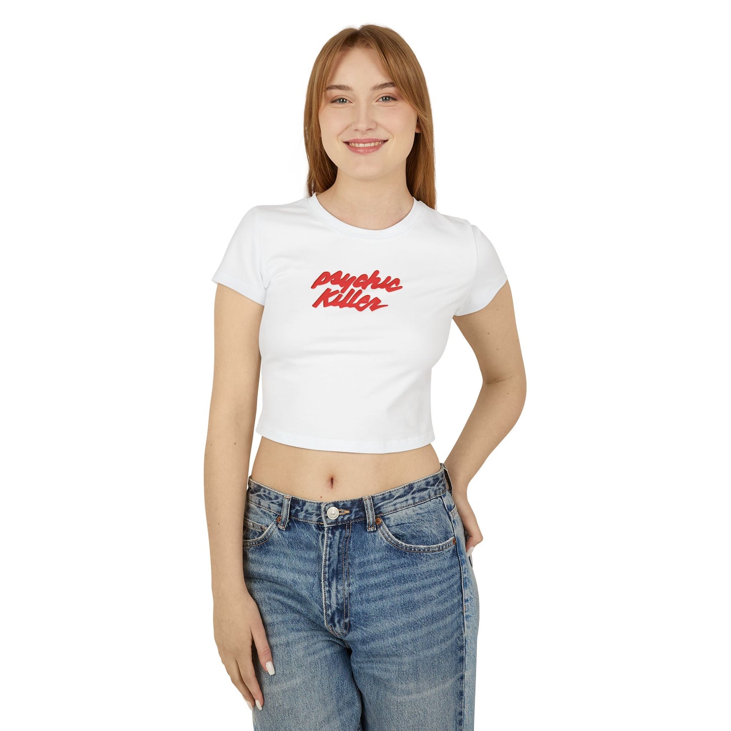 divine feminine edit cropped baby tee white; Psychic Killer