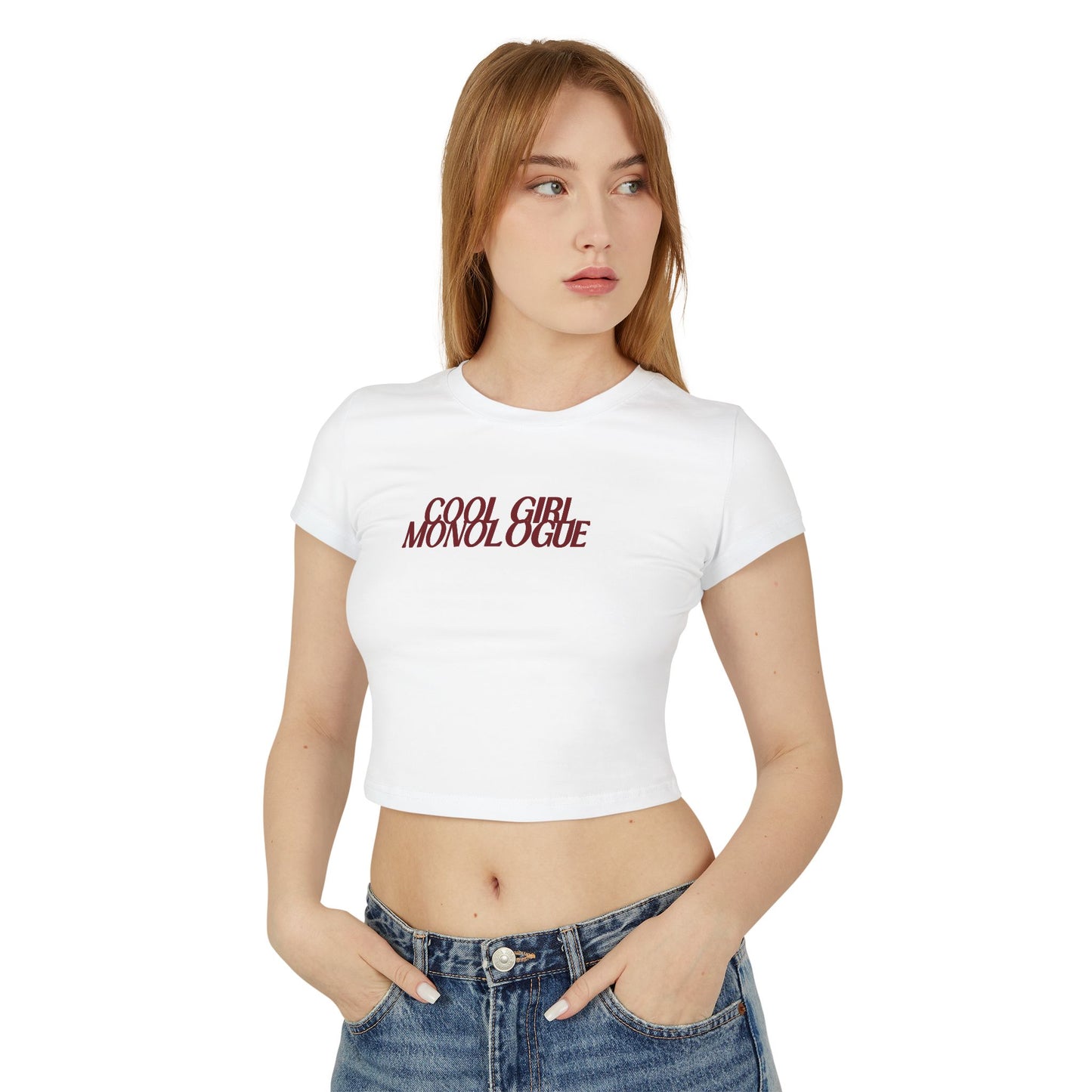 divine feminine edit cropped baby tee white; Cool Girl Monologue graphic